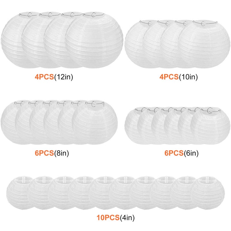 CertBuy 30 Pack White Paper Lanterns 4" 6" 8" 10" 12" Assorted Sizes, CertBuy White Hanging Round Lanterns for Birthday Wedding Baby Shower Festival Christmas Party Decoration - Great for Indoor or Outdoor - Image 2